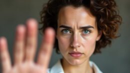 Eine Frau hebt eine Hand zur Abwehr