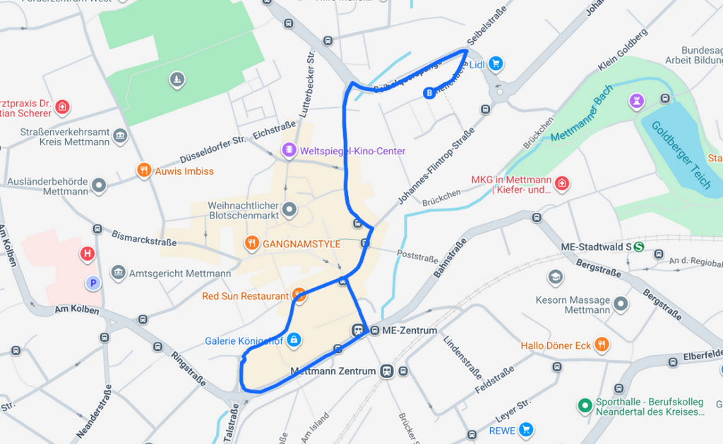 Die Wegstrecke des Karnevalszuges 2026 (Karte: FKK Mettmann)